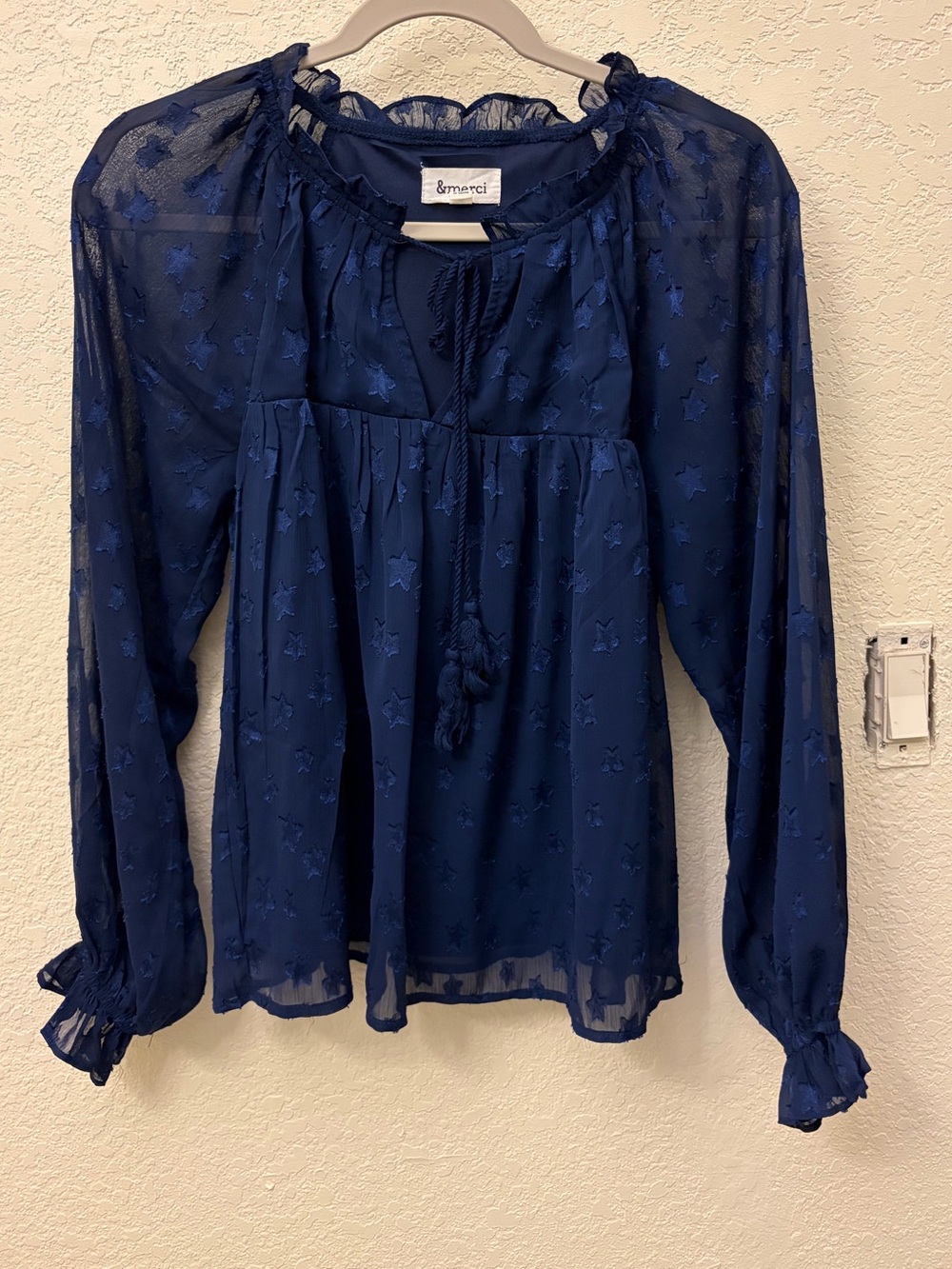 Navy Sheer Star-Embossed Long-Sleeve Babydoll Blouse